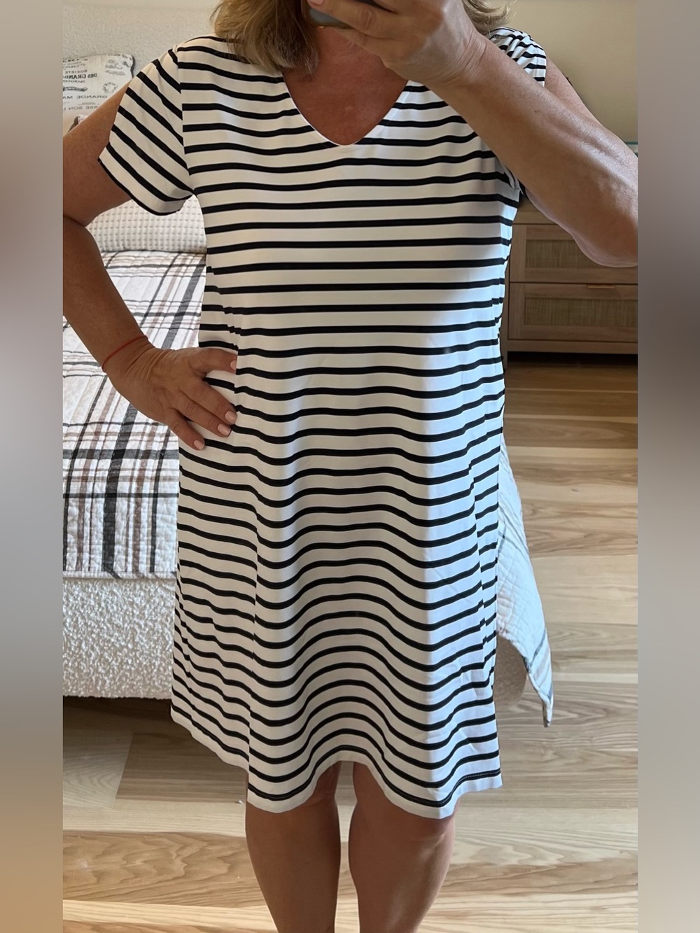 Saint James Black and White Striped V‑Neck Mini Dress a-line size 40/US 10